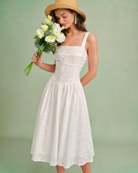 Women's Woven Cotton Midi Dress White Dresses - RIHOAS