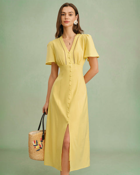 Yellow V Neck Button Midi Dress & Reviews - Yellow - Dresses