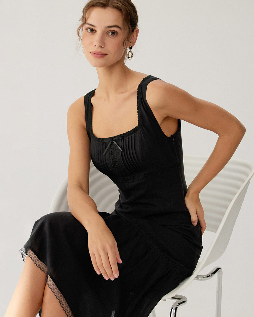 Women's Woven Cotton Midi Dresses Black Dresses - RIHOAS
