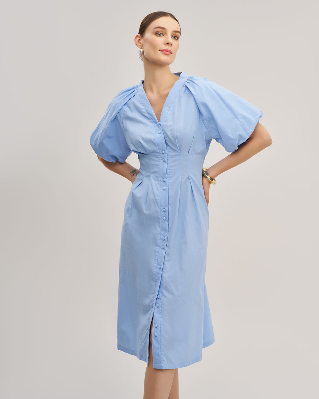 Women's Woven Cotton Midi Dresses Blue Dresses - RIHOAS