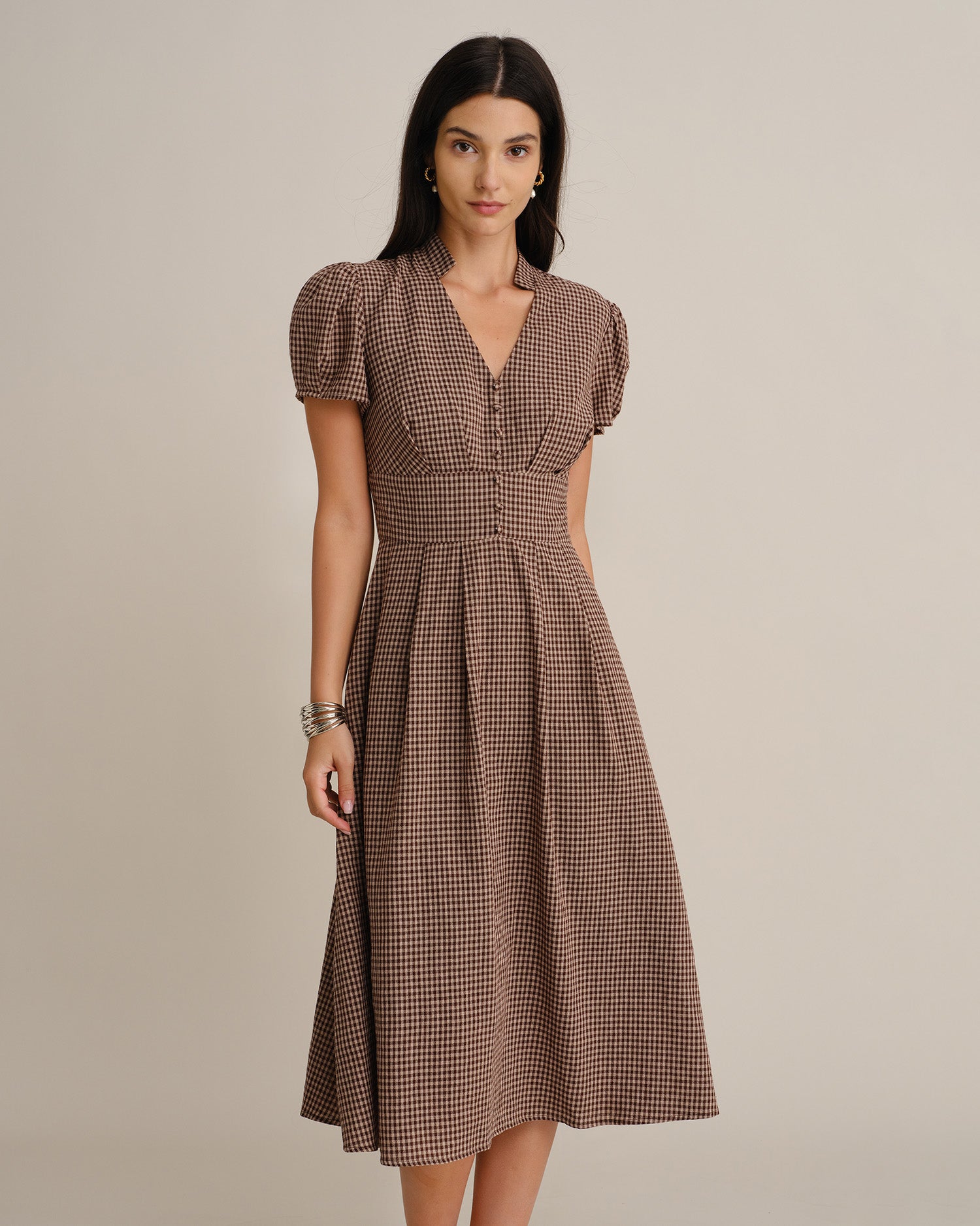 Women's Woven Cotton Midi Dresses Brown - RIHOAS