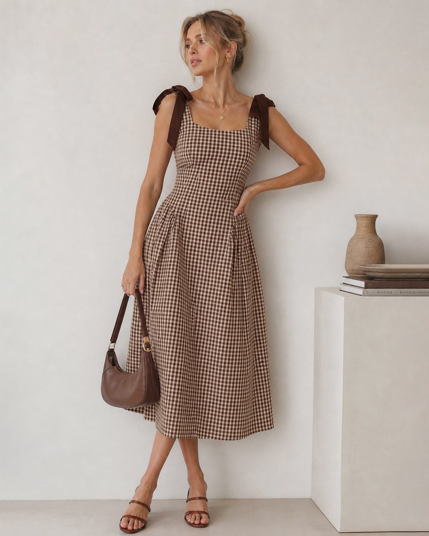Women's Woven Cotton Midi Dresses Brown - RIHOAS