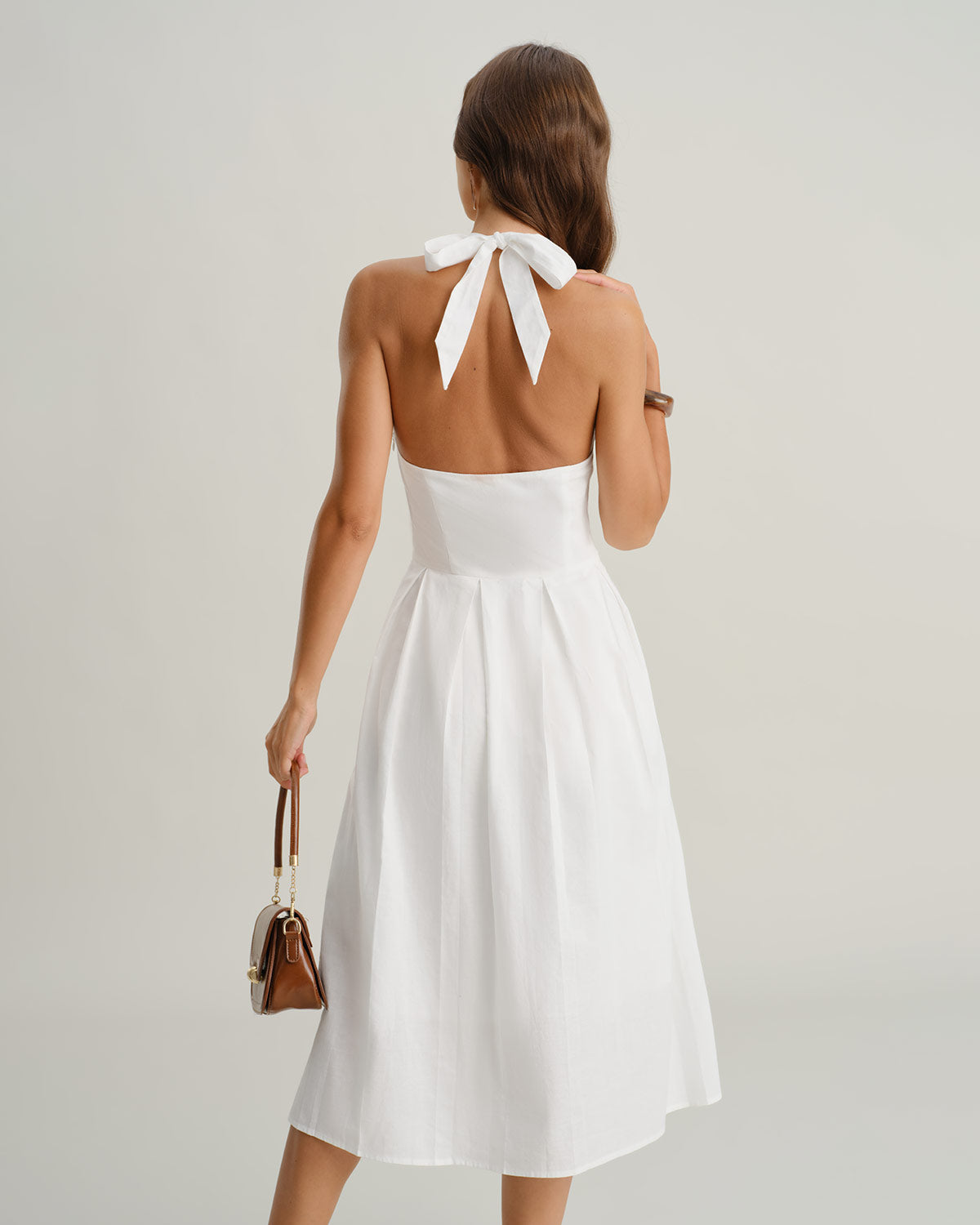 white dress women cotton Rihoas Vintage White Halter Dress with an Open Back & Bow