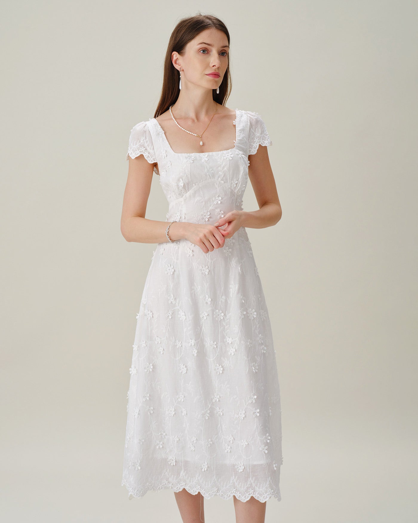 White Square Neck Embroidery Midi Dress