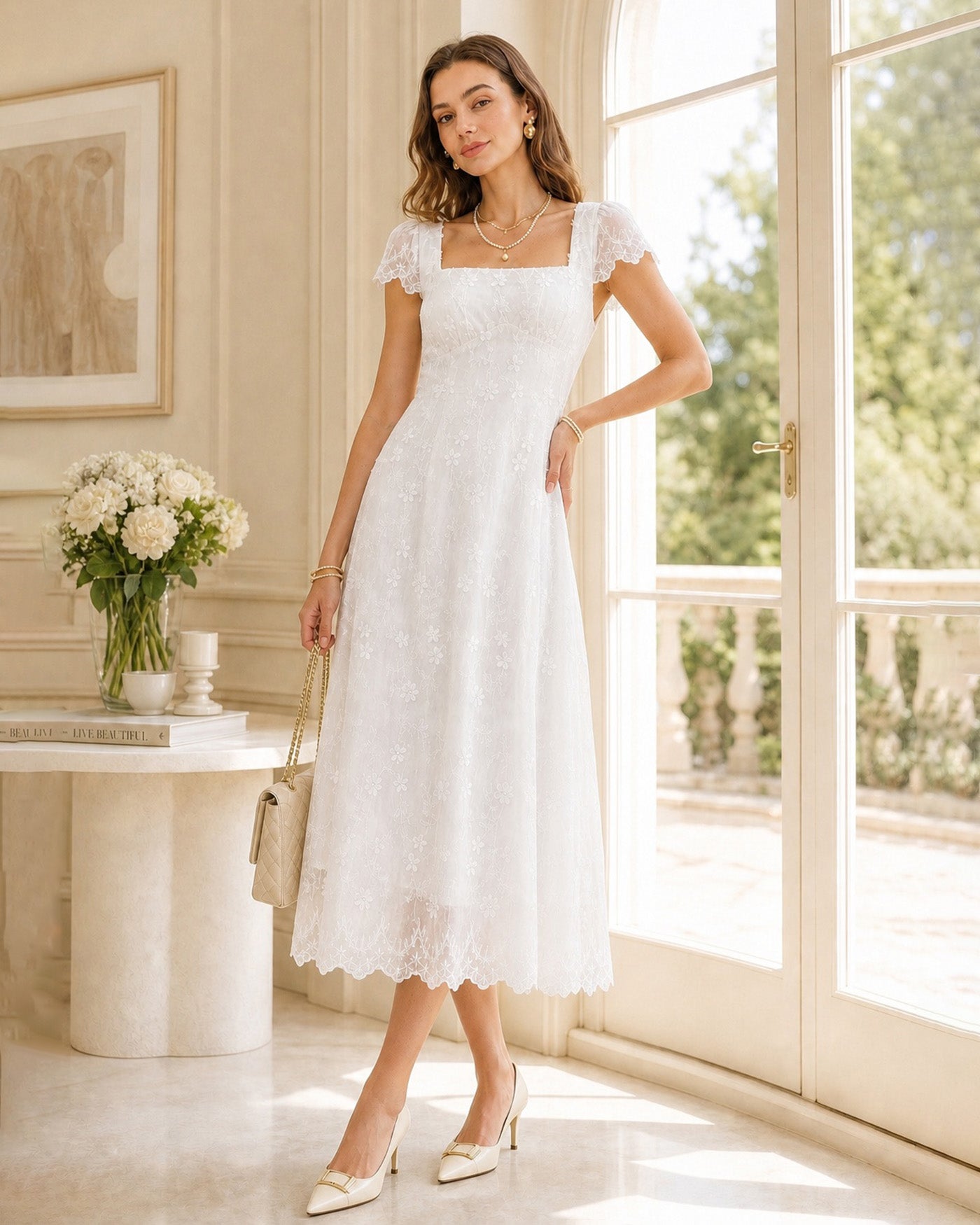 white midi dress womens Ethical & Sustainable Luxury Dress: the Ophelia low flounce hemline Strut & Bolt Eyelet Strapless