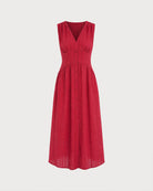 Red V Neck Sleeveless Button Midi Dress 03
