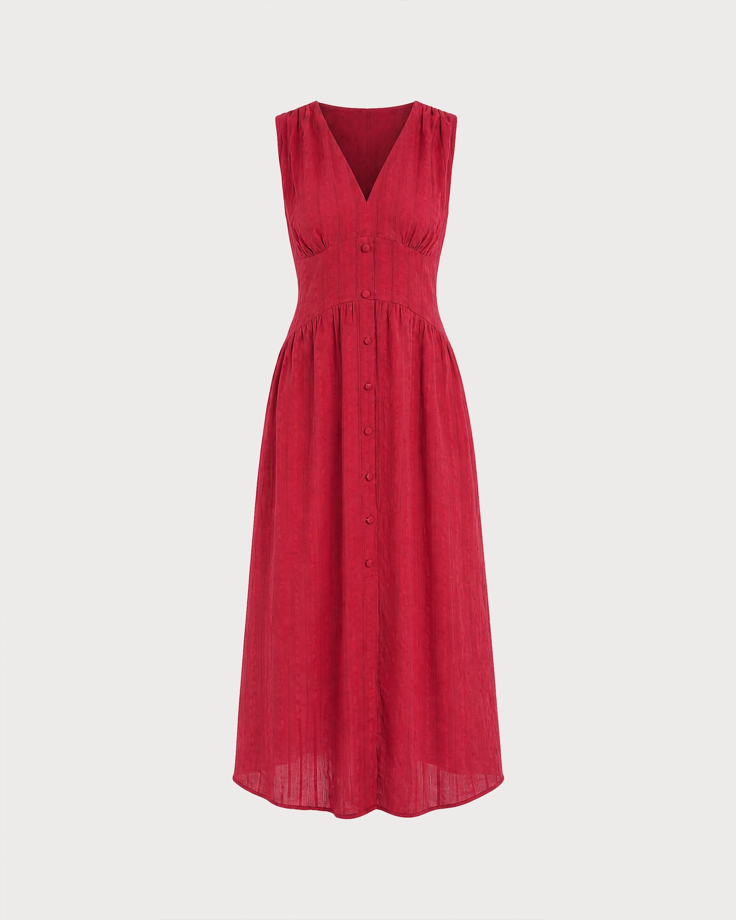 Red V Neck Sleeveless Button Midi Dress 03