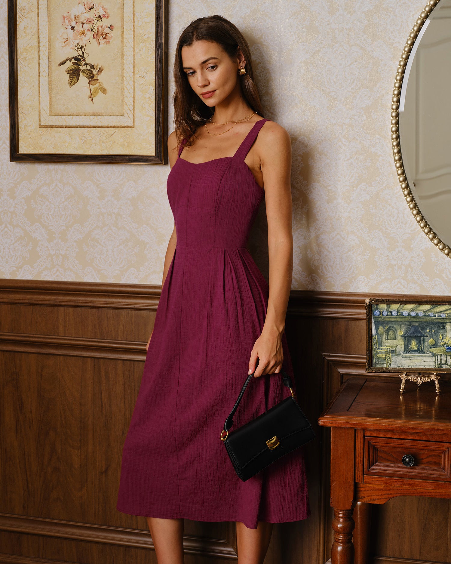 Wine Red Sweetheart Neck Pockets Midi Dress - RIHOAS - 06