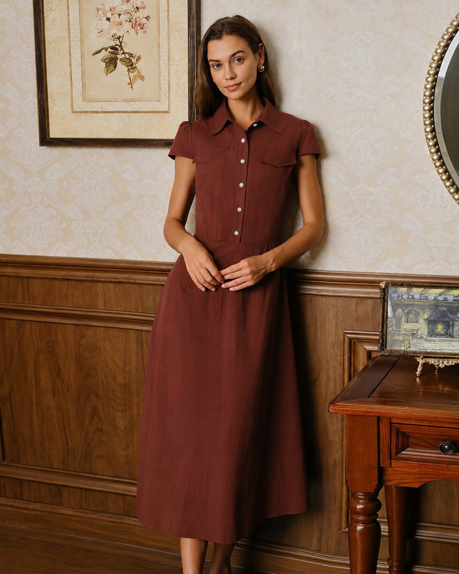 Red Collar Pockets Button Midi Dress 03