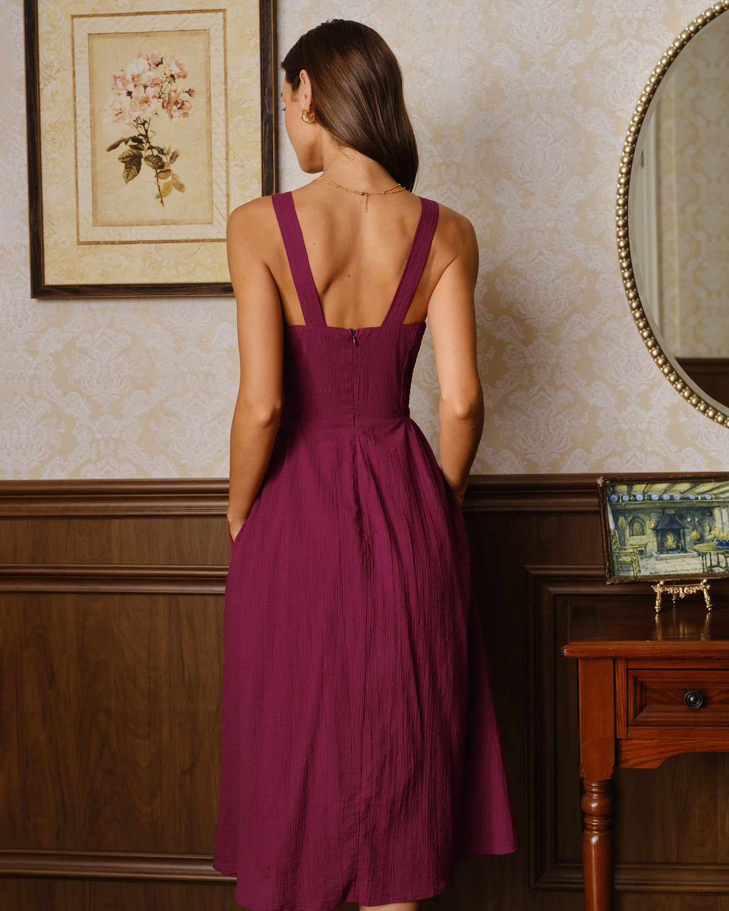 Wine Red Sweetheart Neck Pockets Midi Dress - RIHOAS - 08
