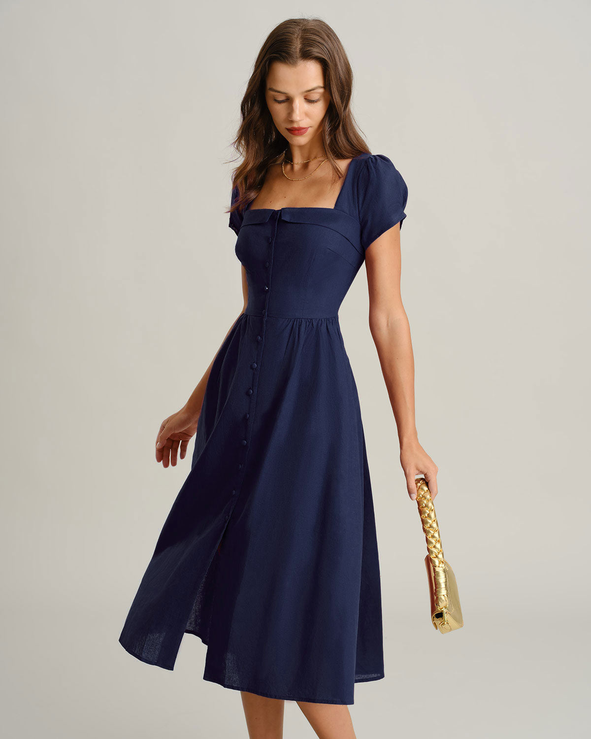 navy blue dress women Rihoas Button Front Puff Sleeve Midi Dress