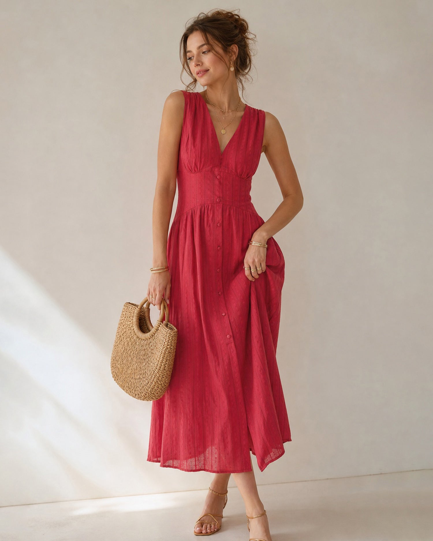 Red V Neck Sleeveless Button Midi Dress 02