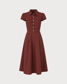 Red Collar Pockets Button Midi Dress 06