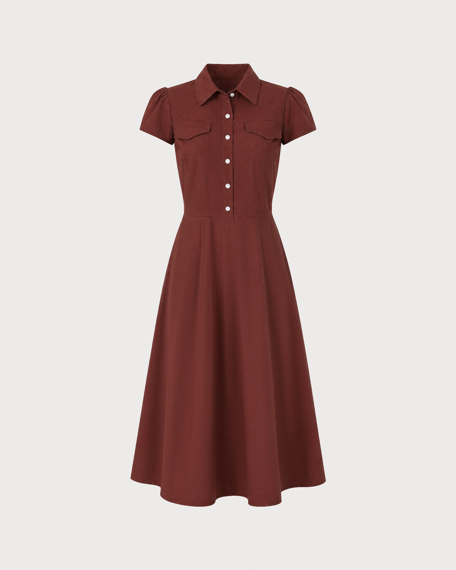 Red Collar Pockets Button Midi Dress 06