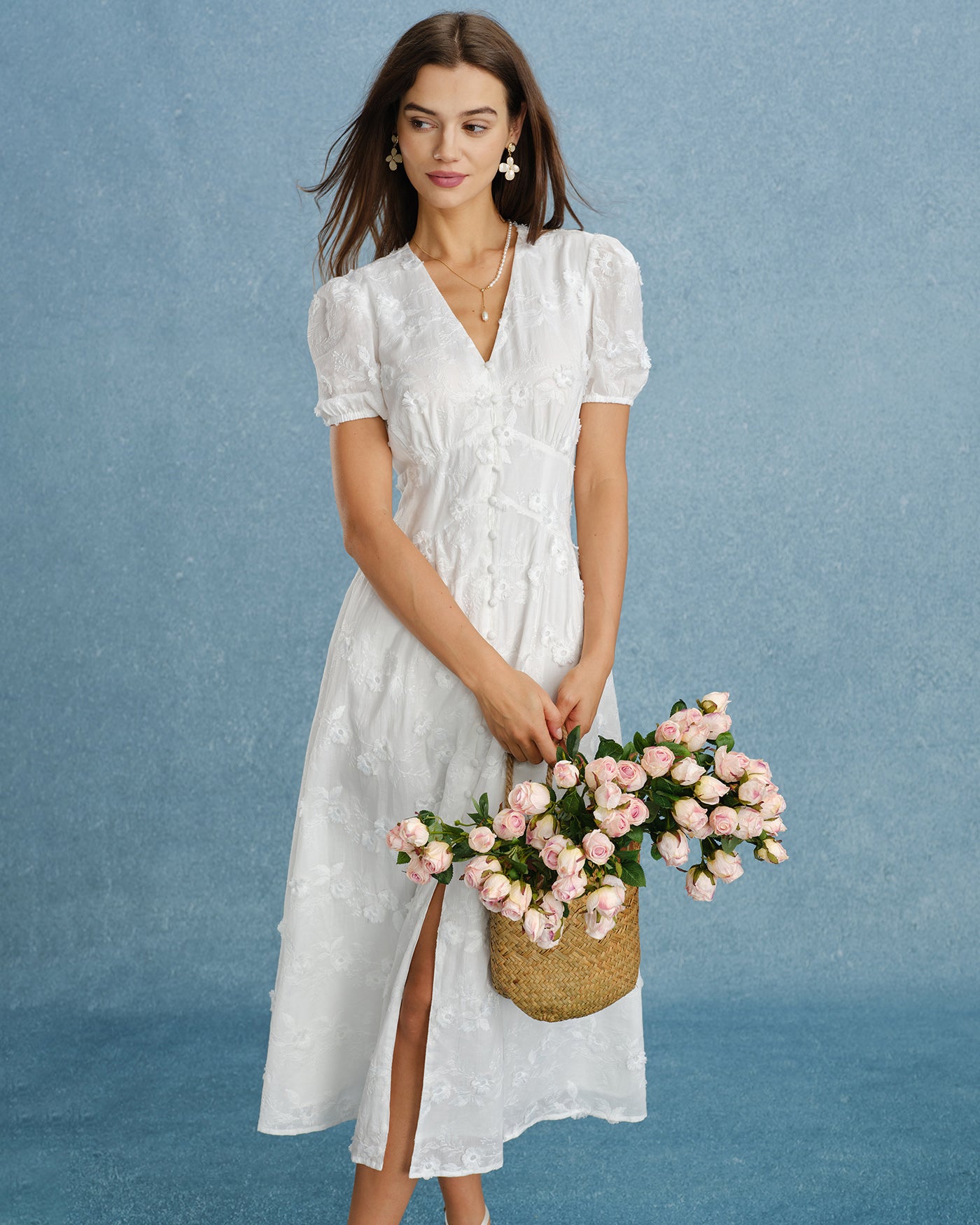 white embroidered dress Rihoas Eyelet Floral Midi Dress with Short Sleeve