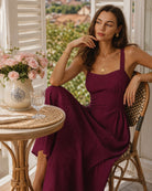 Wine Red Sweetheart Neck Pockets Midi Dress - RIHOAS - 03