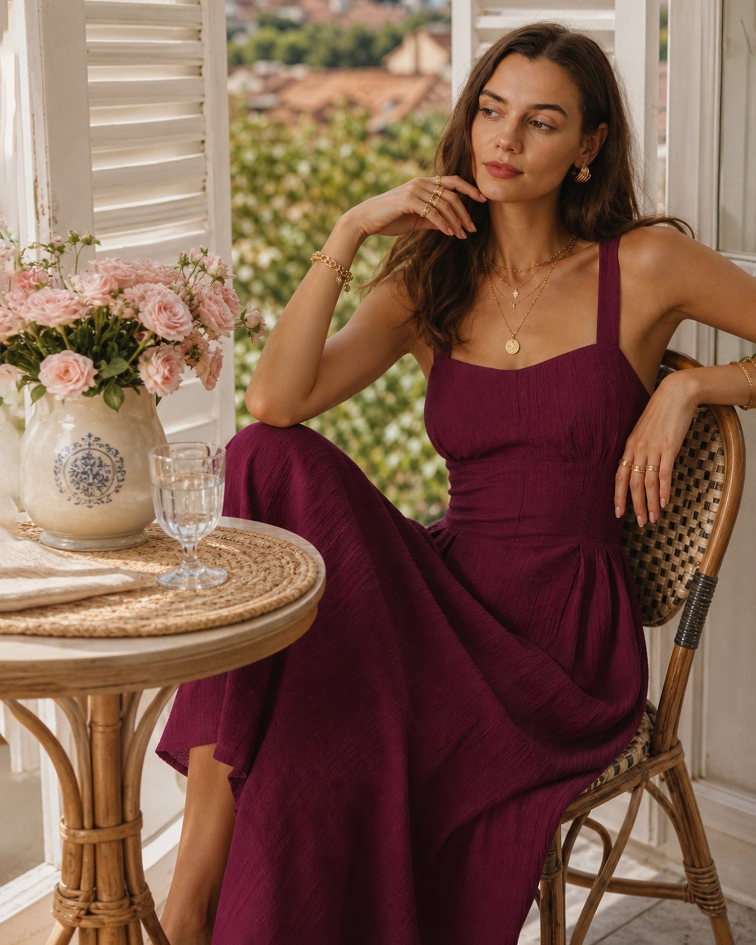 Wine Red Sweetheart Neck Pockets Midi Dress - RIHOAS - 03