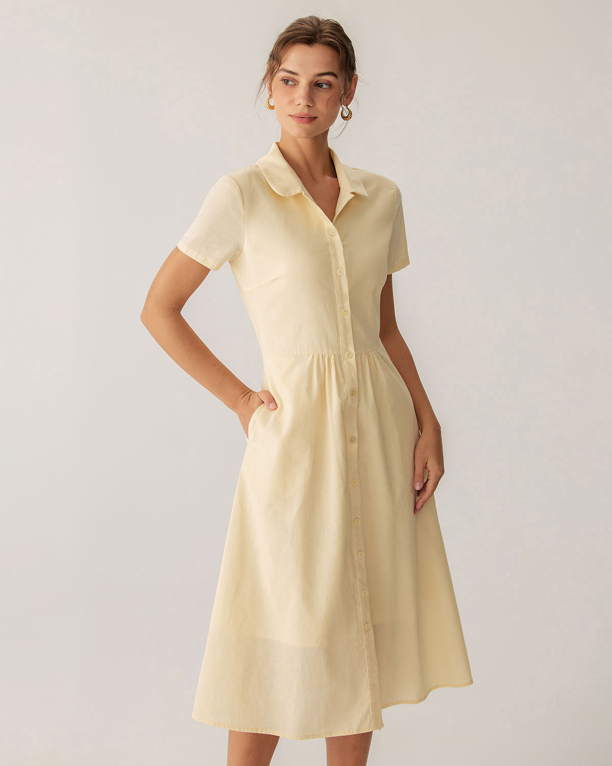 Yellow Button Short Sleeve Midi Dress & Reviews - Yellow - Dresses | RIHOAS Yellow Button Short Sleeve Midi Dress & Reviews - Yellow - Dresses | RIHOAS