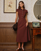 Red Collar Pockets Button Midi Dress 04