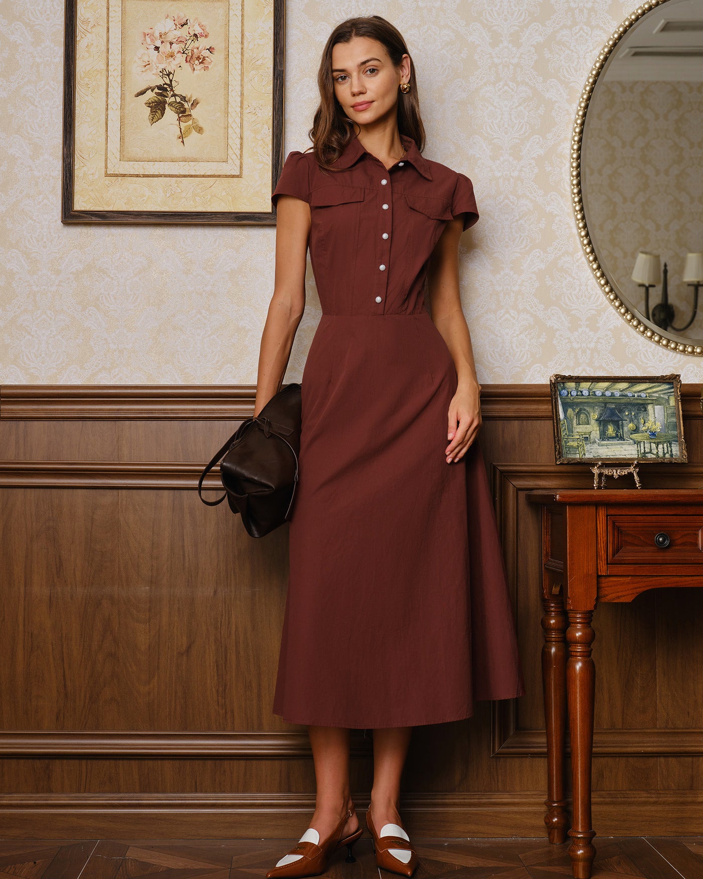 Red Collar Pockets Button Midi Dress 04