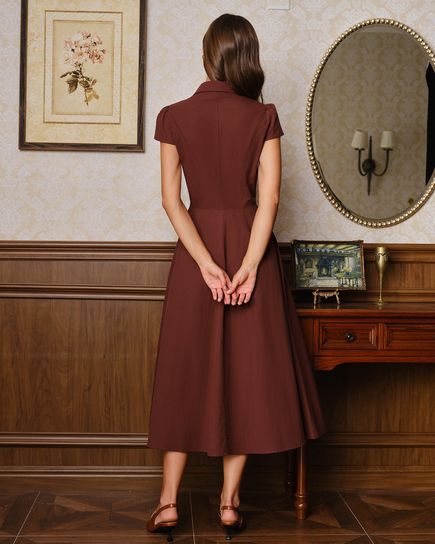 Red Collar Pockets Button Midi Dress 05