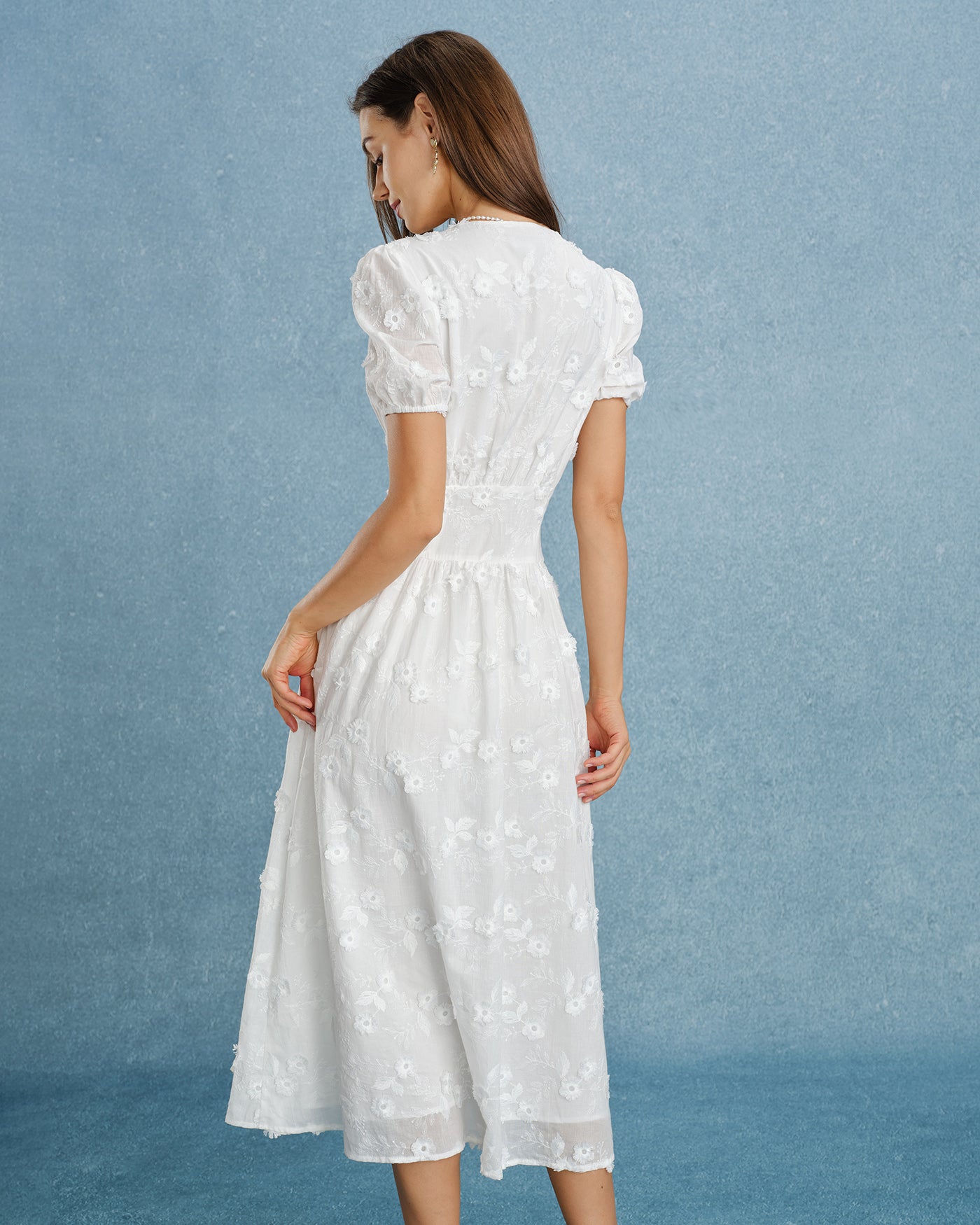 white cotton midi dress with sleeves White Puffed Sleeve Embroidery Midi Dress
