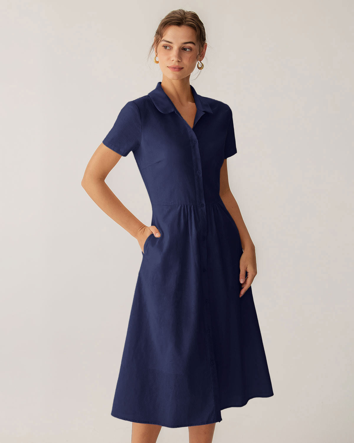 Navy Pocket Short Sleeve Midi Dress