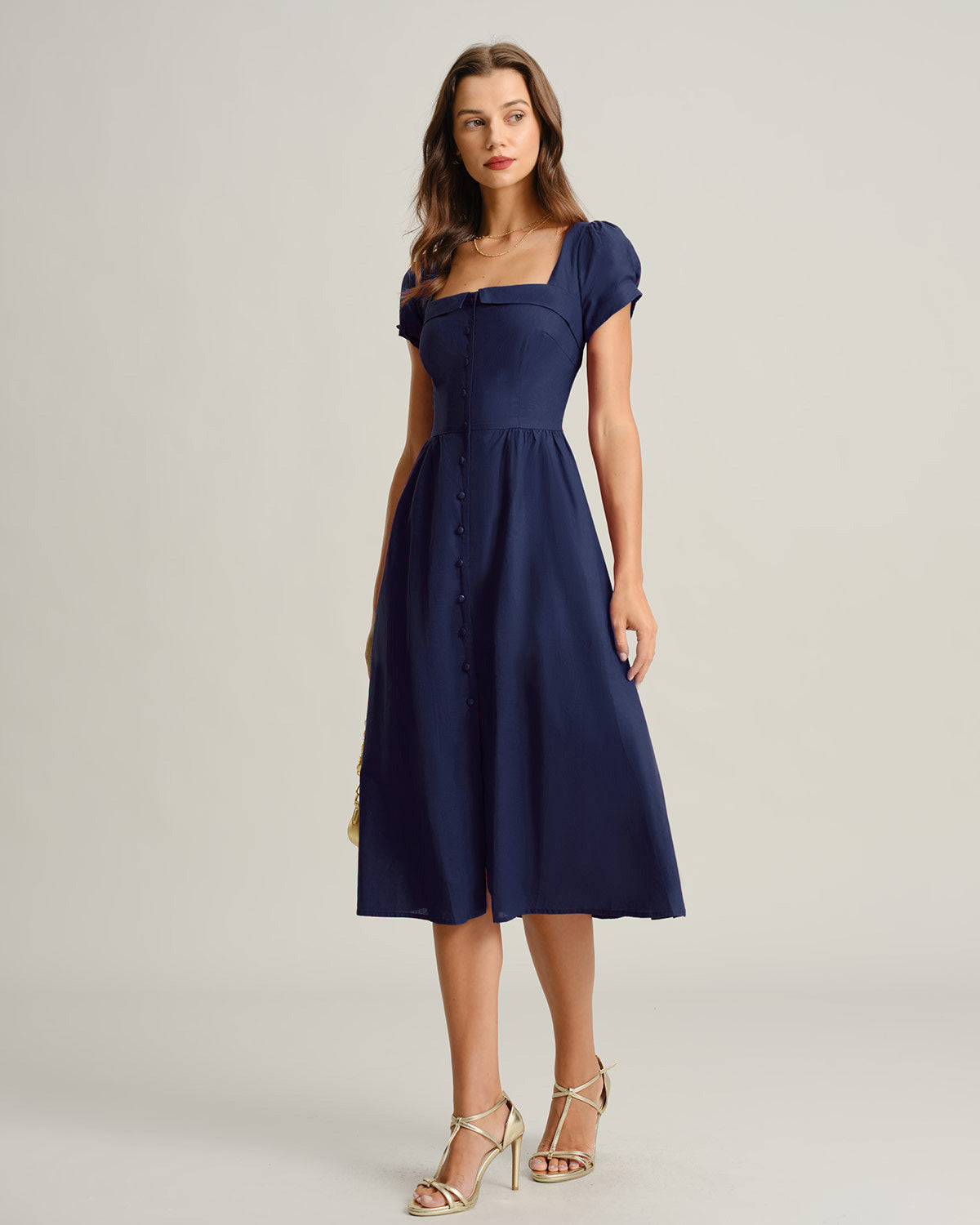 Rihoas Puff Sleeve Midi Dress Square Neck Button Front for Summer Work, Business Casual, Vacation, Navy / S Rihoas Puff Sleeve Midi Dress Square Neck Button Front for Summer Work, Business Casual, Vacation, Navy / S