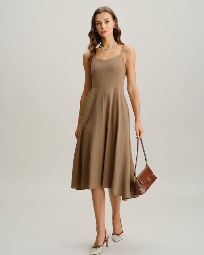 Women's Woven Cotton Midi Dresses Khaki Dresses - RIHOAS