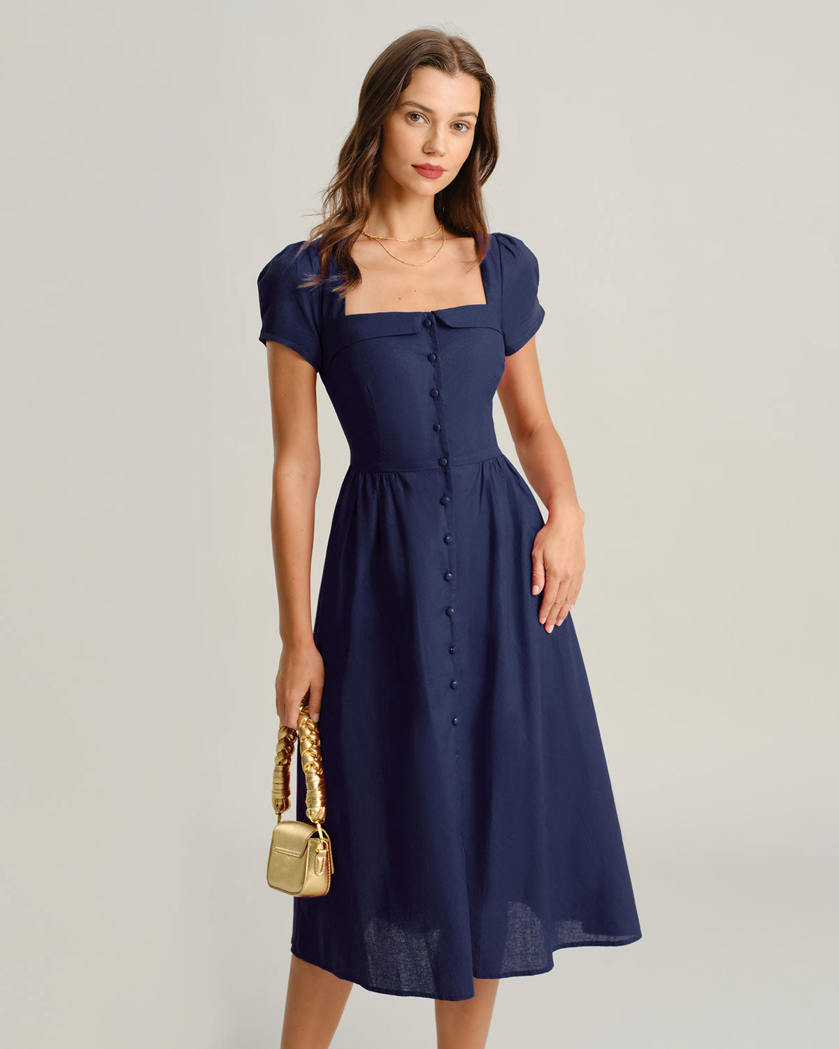 Rihoas Button Front Puff Sleeve Midi Dress