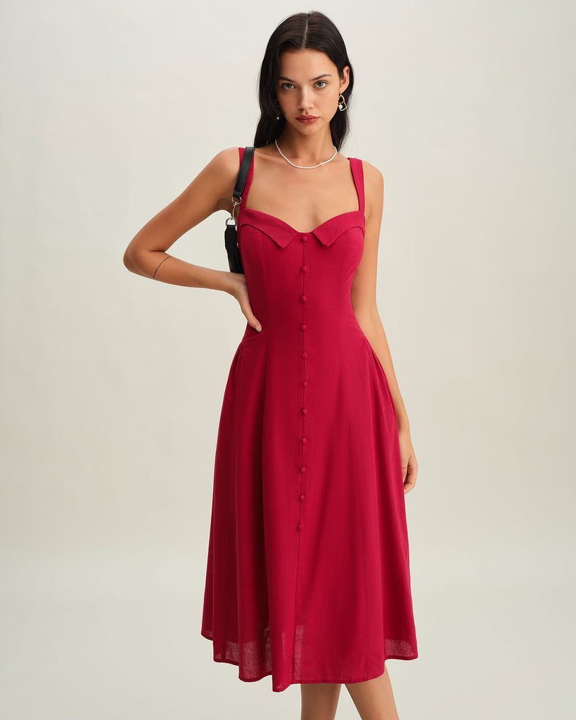Women's Woven Cotton Midi Dresses Red Dresses - RIHOAS
