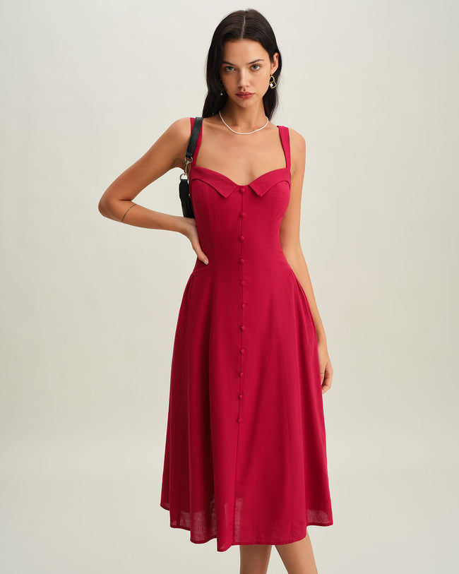 Women's Woven Cotton Midi Dresses Red Dresses - RIHOAS