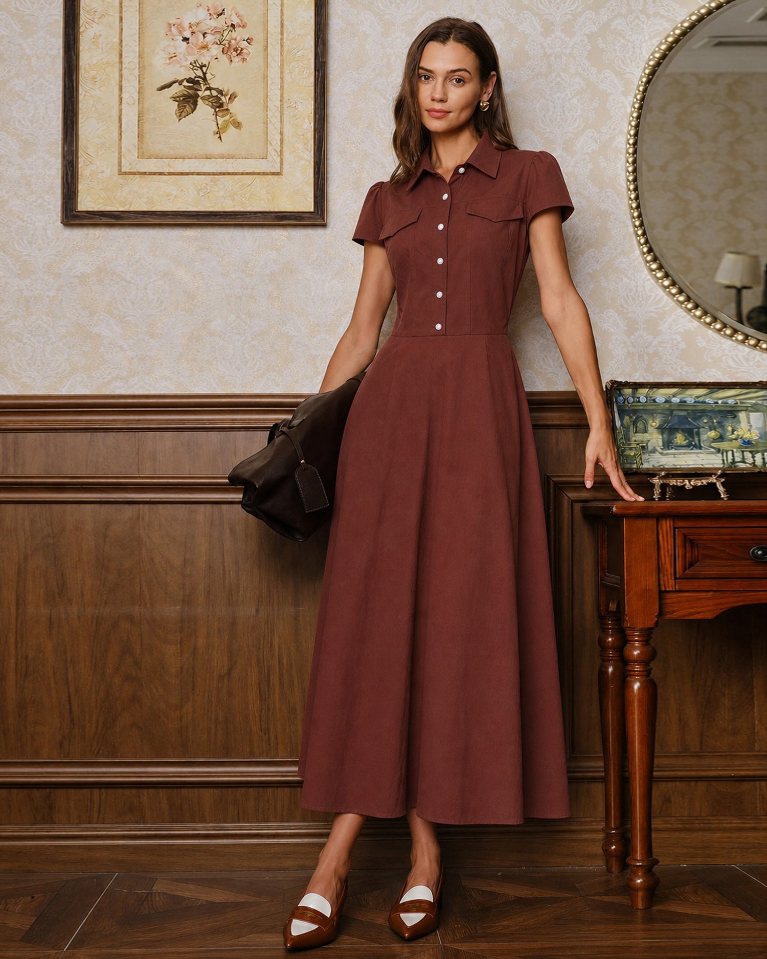 Red Collar Pockets Button Midi Dress 01