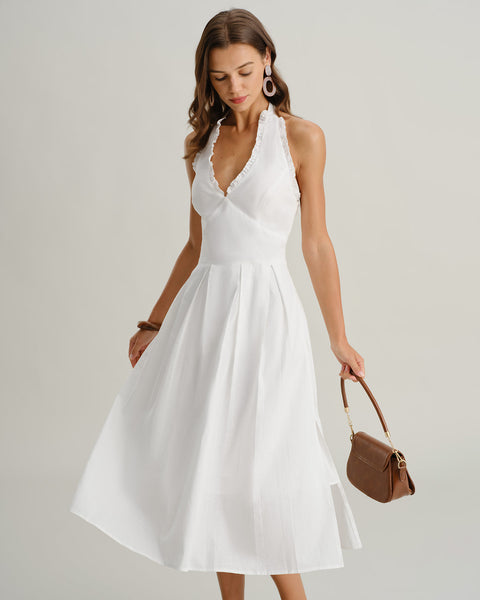 Rihoas Vintage White Halter Dress with an Open Back & Bow