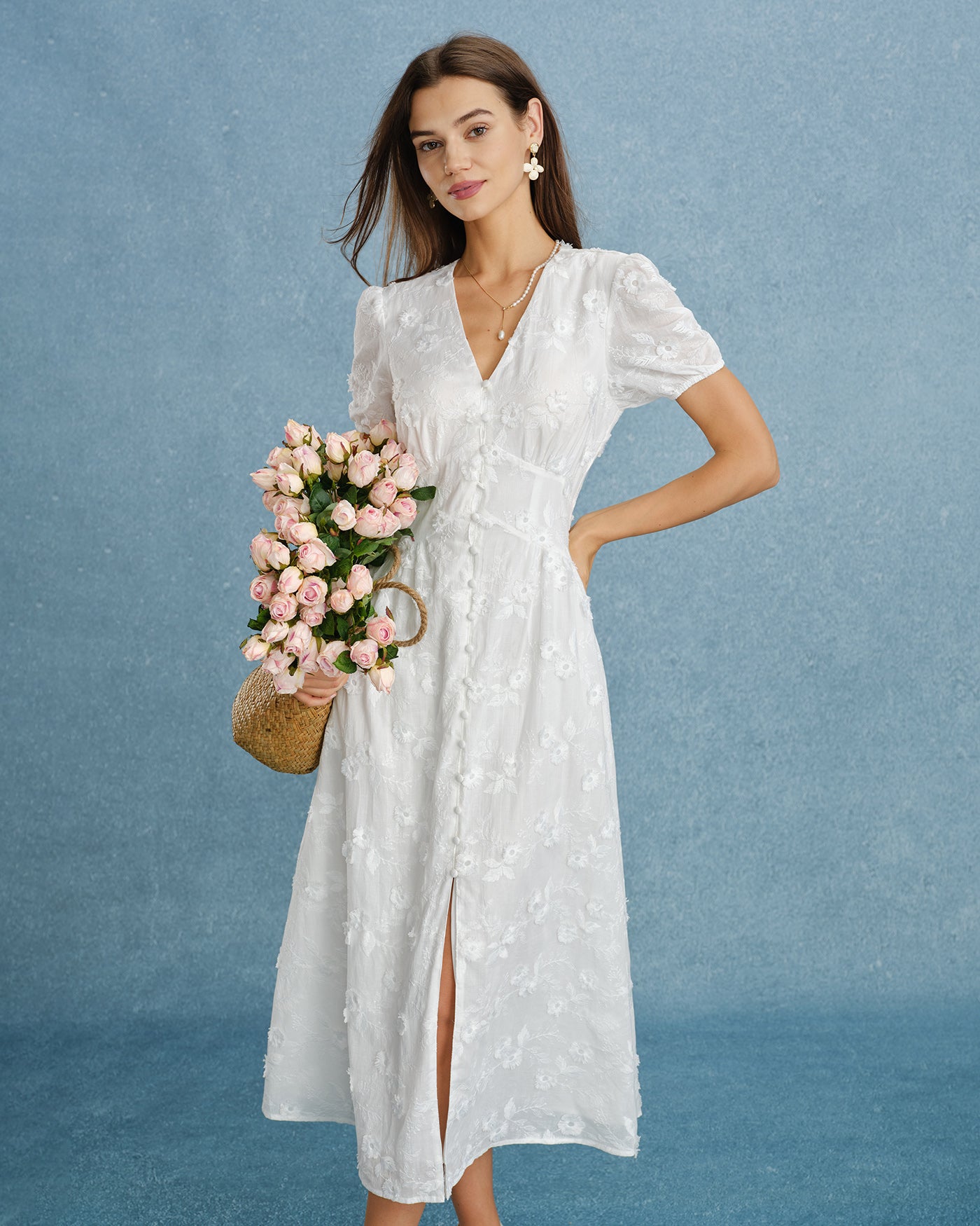 White Puffed Sleeve Embroidery Midi Dress & Reviews - White - Dresses