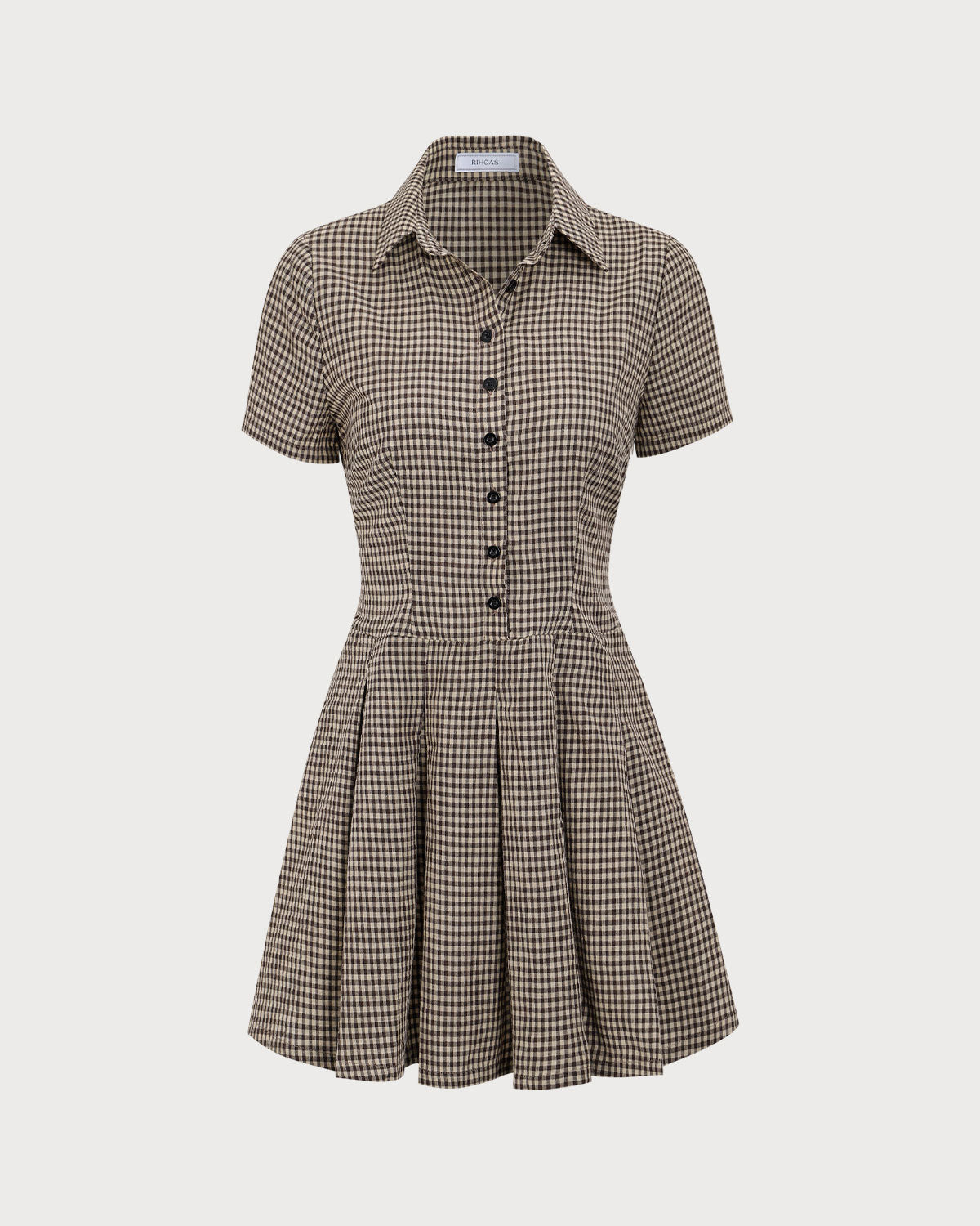 Rihoas Plaid Lapel Pleated Mini Dress for Women, Brown / M Rihoas Plaid Lapel Pleated Mini Dress for Women, Brown / M