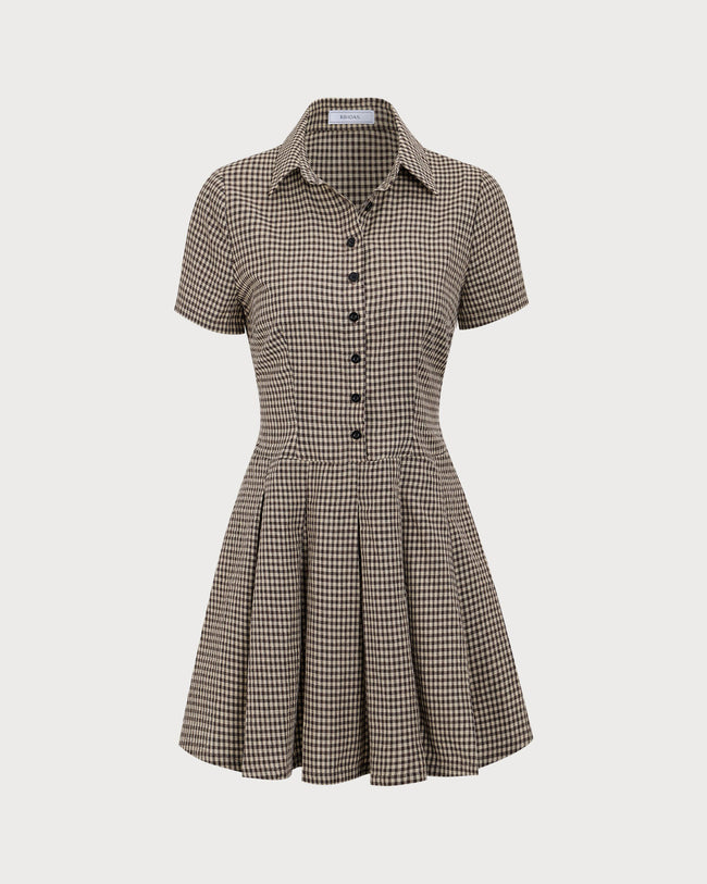 Women's Brown Plaid Lapel Pleated Mini Dress & Reviews