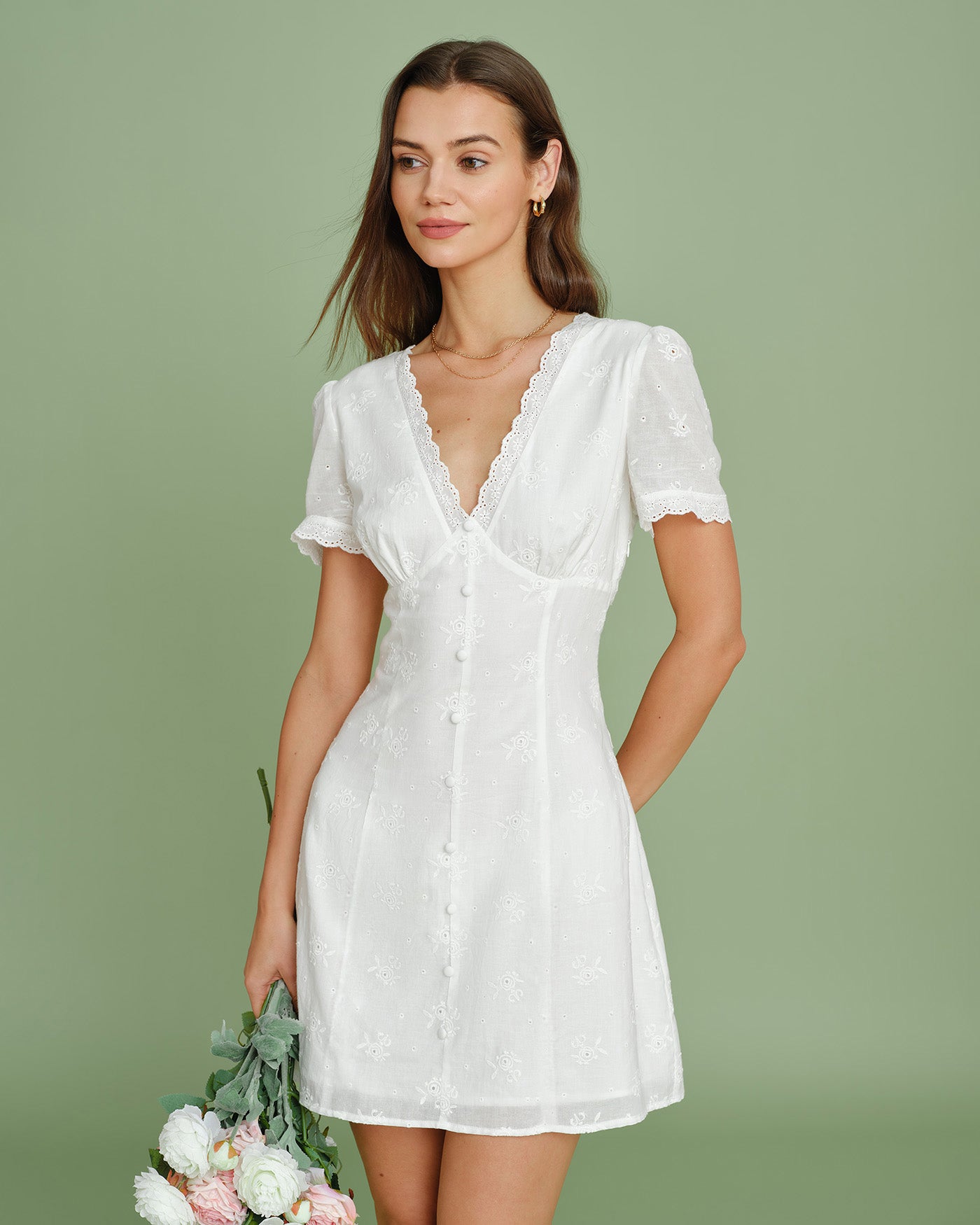 White V Neck Embroidery Lace Mini Dress & Reviews - White - Dresses