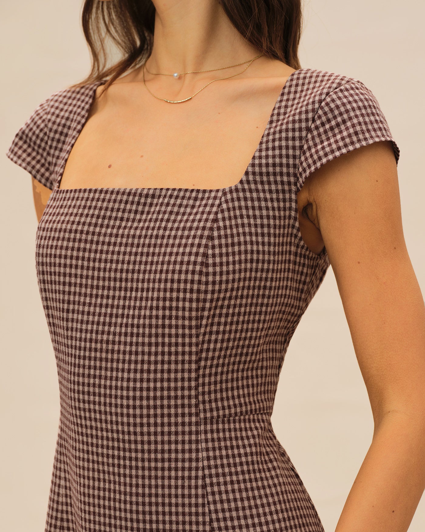 Brown Square Neck Plaid Mini Dress & Reviews - Brown