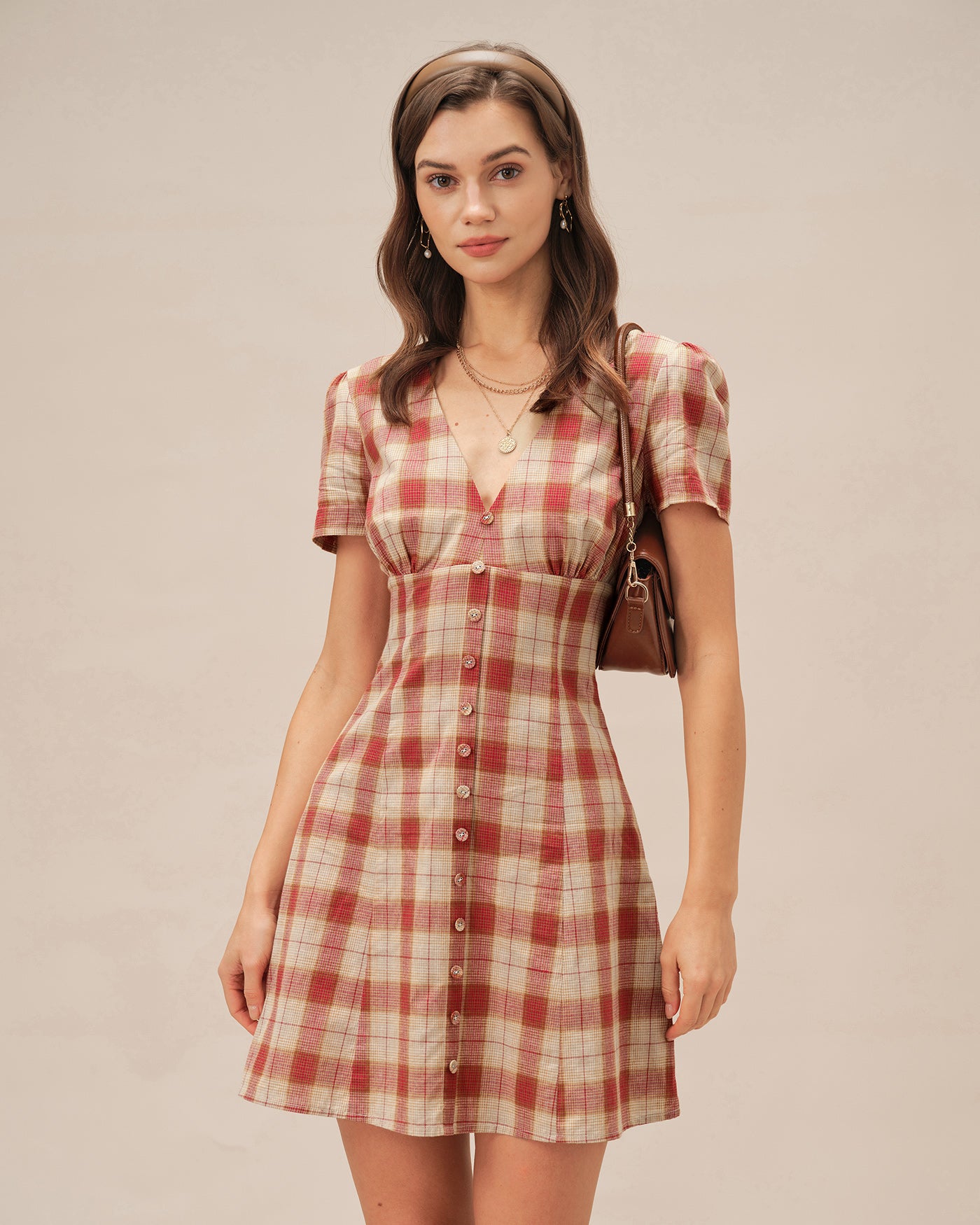 Rihoas Plaid V Neck Mini Dress for Women, Red / S Rihoas Plaid V Neck Mini Dress for Women, Red / S