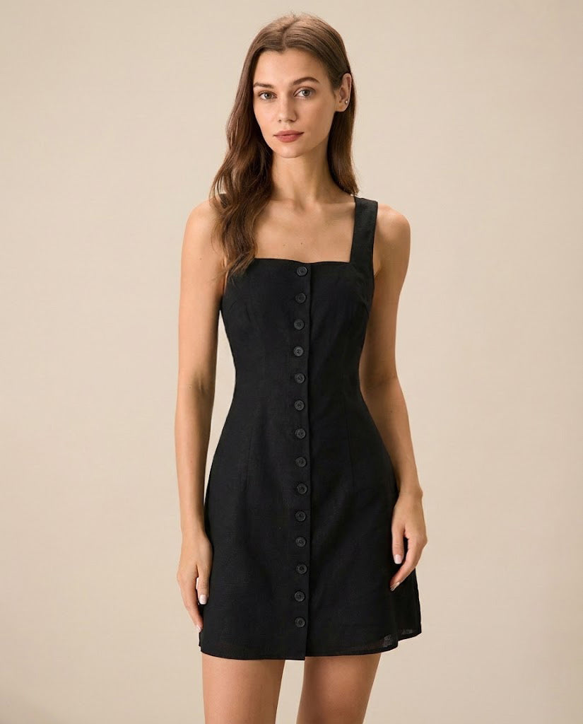 Black Button Square Neck Mini Dress & Reviews - Black - Dresses | RIHOAS Black Button Square Neck Mini Dress & Reviews - Black - Dresses | RIHOAS