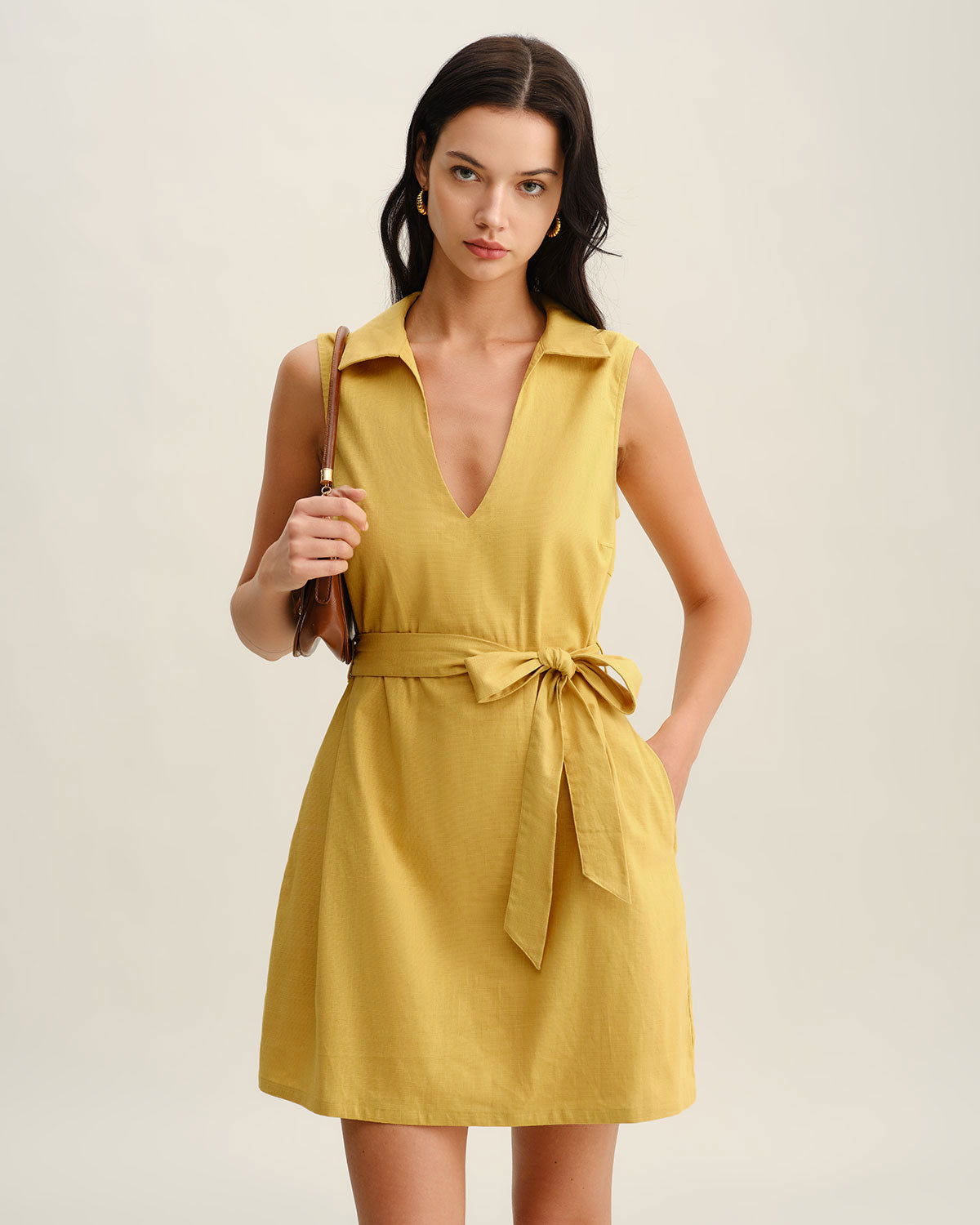 Women's Woven Cotton Mini Dress Yellow Dresses - RIHOAS