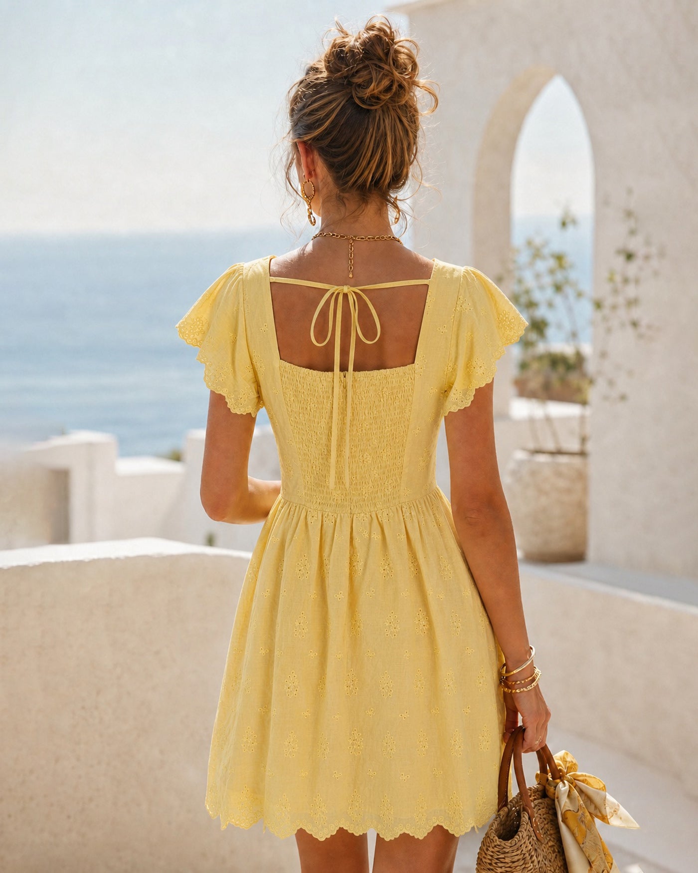 Yellow Square Neck Cotton Mini Dress - Open Back Skater