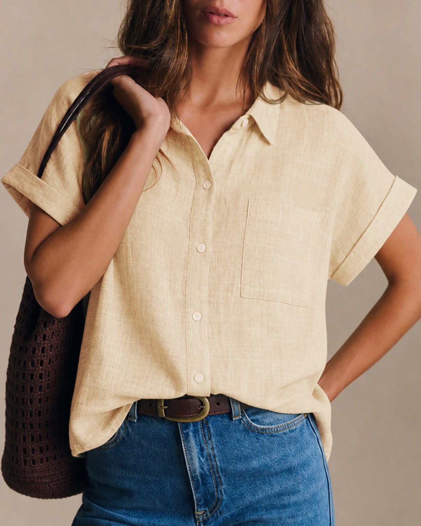Women's Woven Cotton Shirt Apricot Tops - RIHOAS