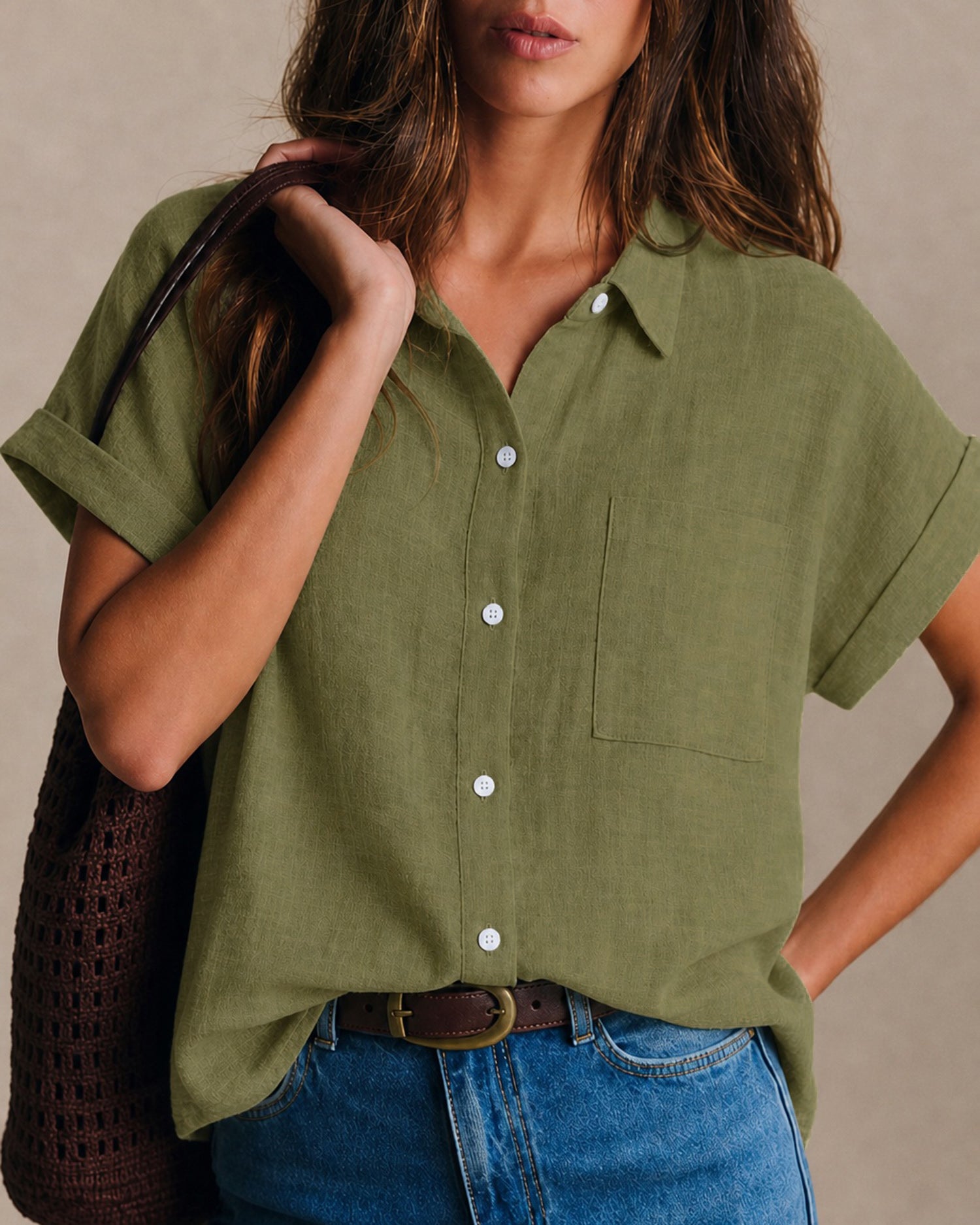 Women's Woven Cotton Shirt Green Tops - RIHOAS