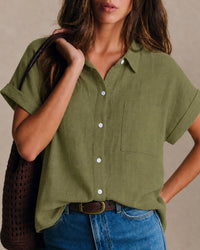 Women's Woven Cotton Shirt Green Tops - RIHOAS