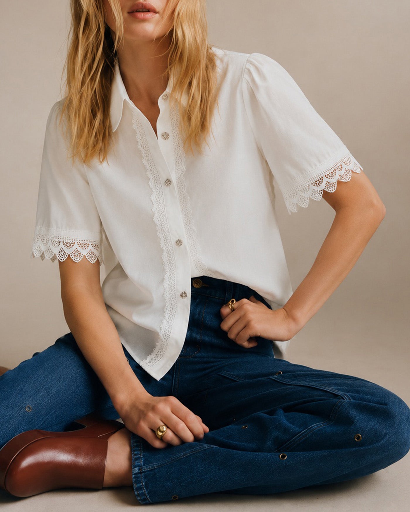 White Collar Splicing Button Shirt & Reviews - White - Tops | RIHOAS