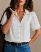 Women's Woven Cotton Shirt White Tops - RIHOAS
