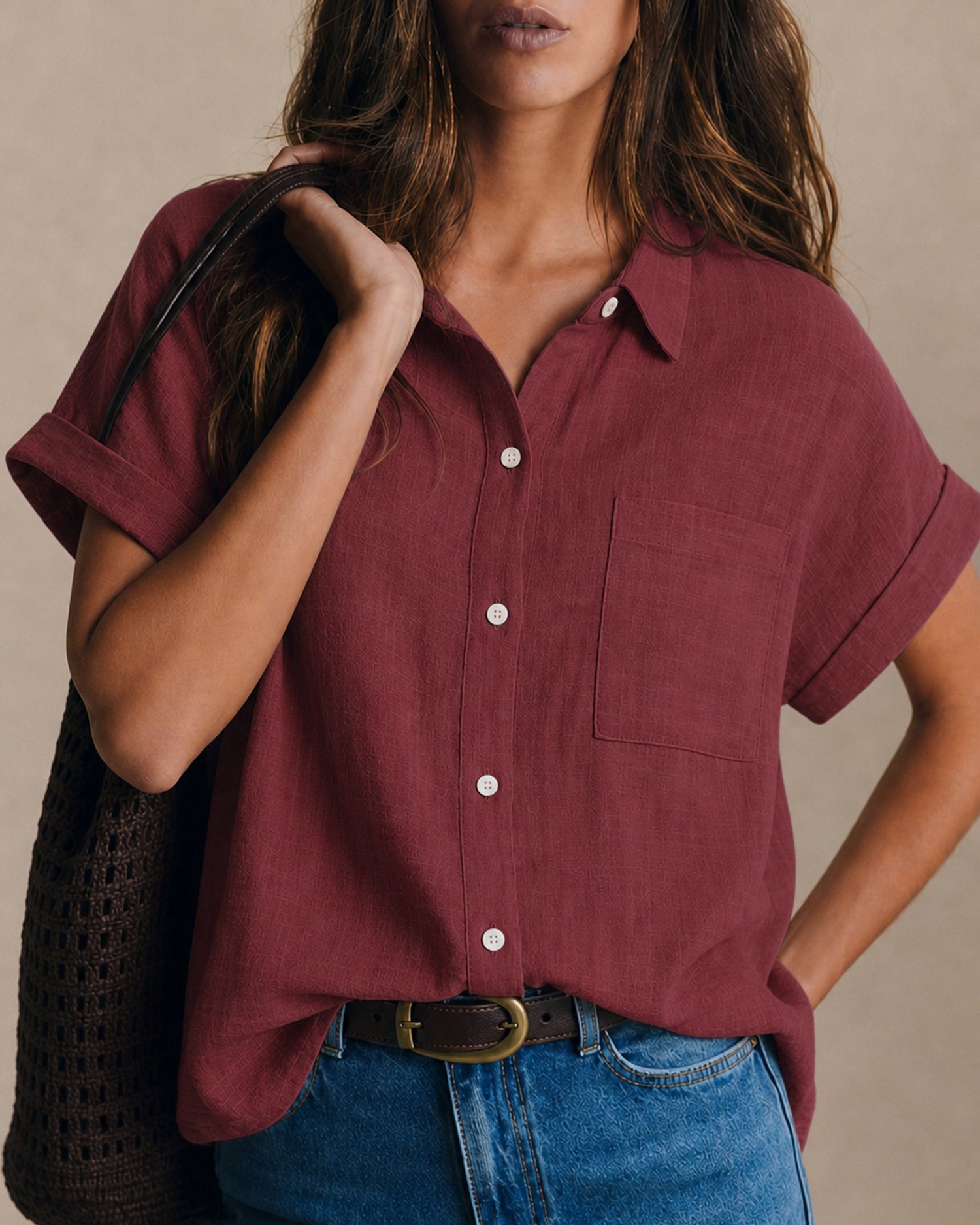 Women's Woven Cotton Shirt Wine Red Tops - RIHOAS