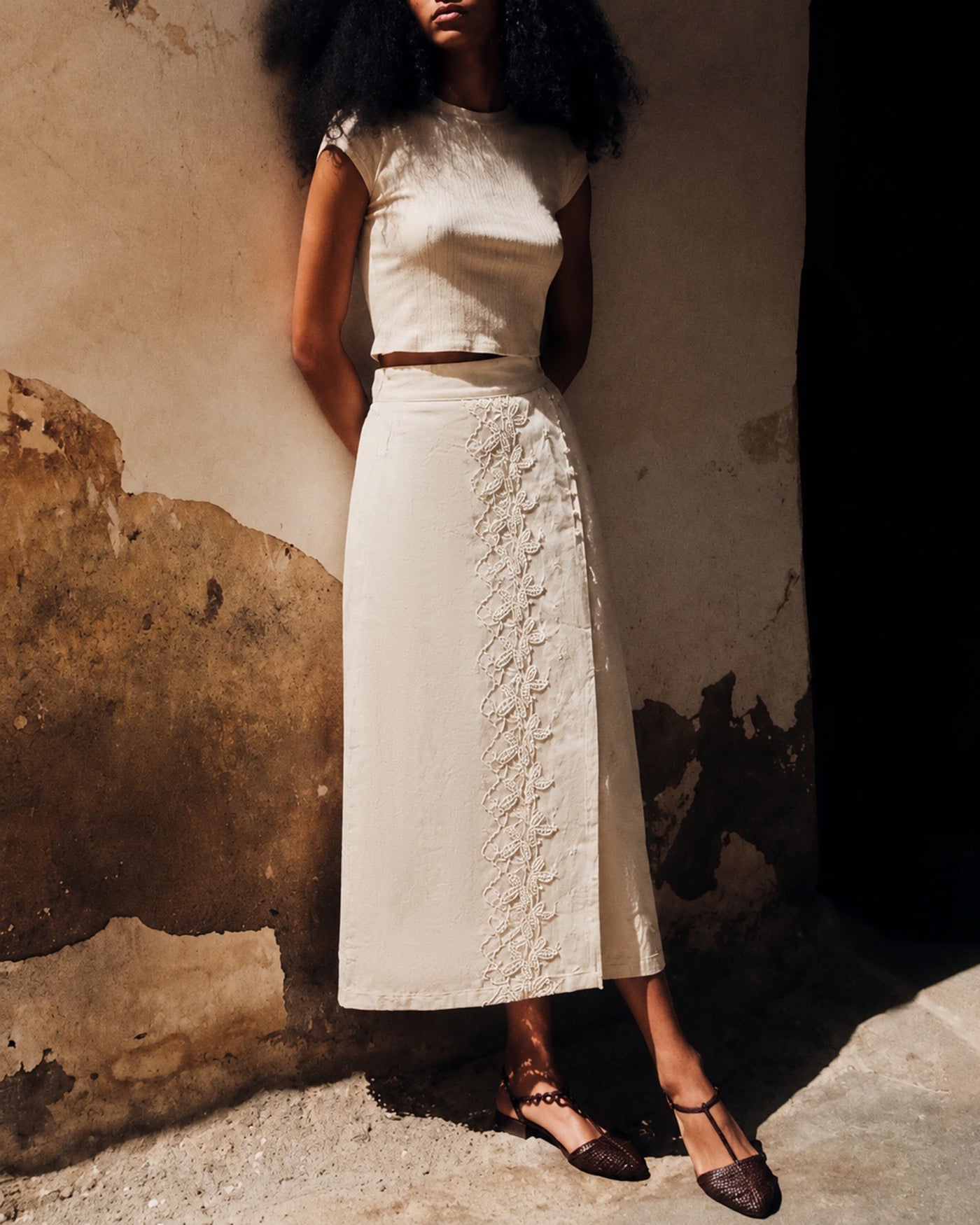Women's Woven Cotton Skirt Beige Bottoms - RIHOAS